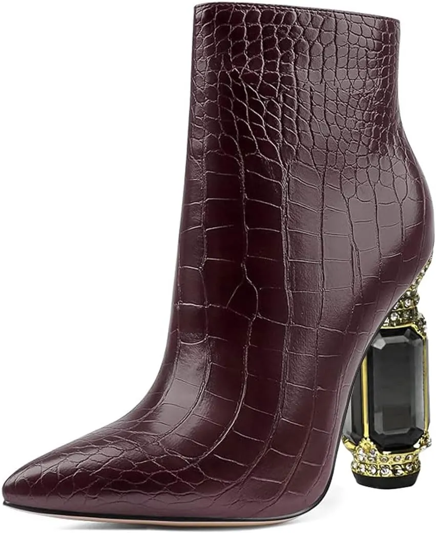 FSJ Women Chic Pointed Toe Crystal Chunky Block High Heel Ankle Boots Glossy Side Zipper Casual Daily Fashion Ladies Shoes Size 4-15 US
