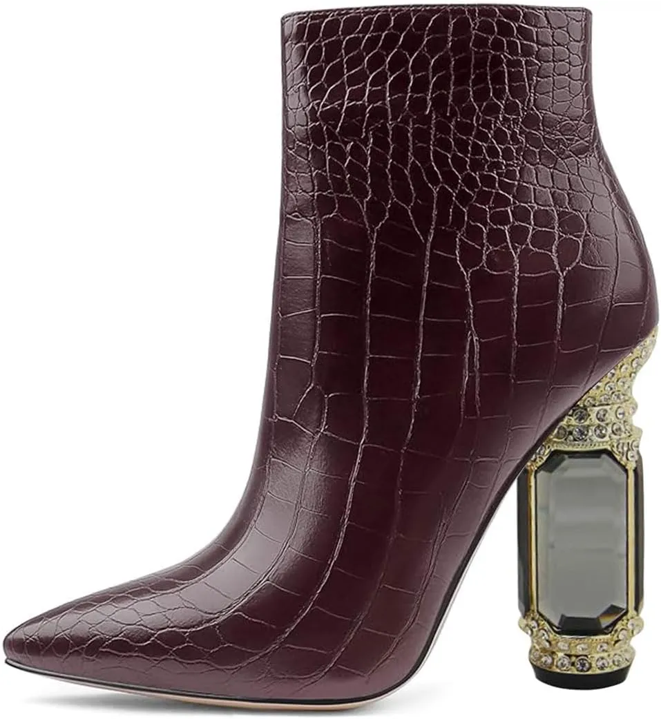 FSJ Women Chic Pointed Toe Crystal Chunky Block High Heel Ankle Boots Glossy Side Zipper Casual Daily Fashion Ladies Shoes Size 4-15 US