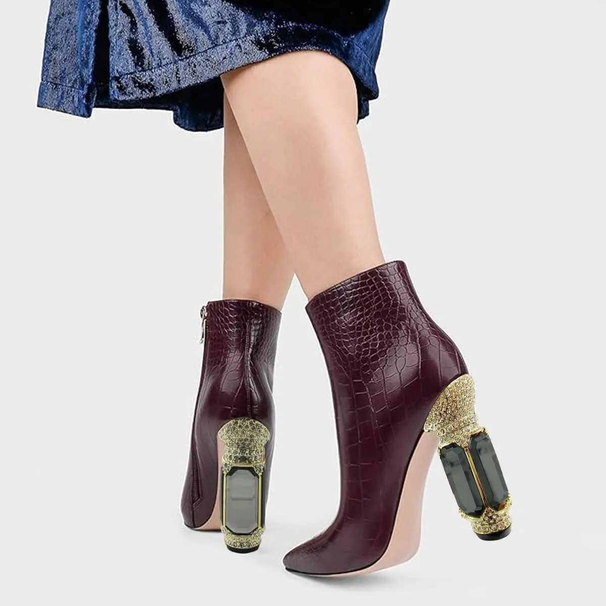 FSJ Women Chic Pointed Toe Crystal Chunky Block High Heel Ankle Boots Glossy Side Zipper Casual Daily Fashion Ladies Shoes Size 4-15 US