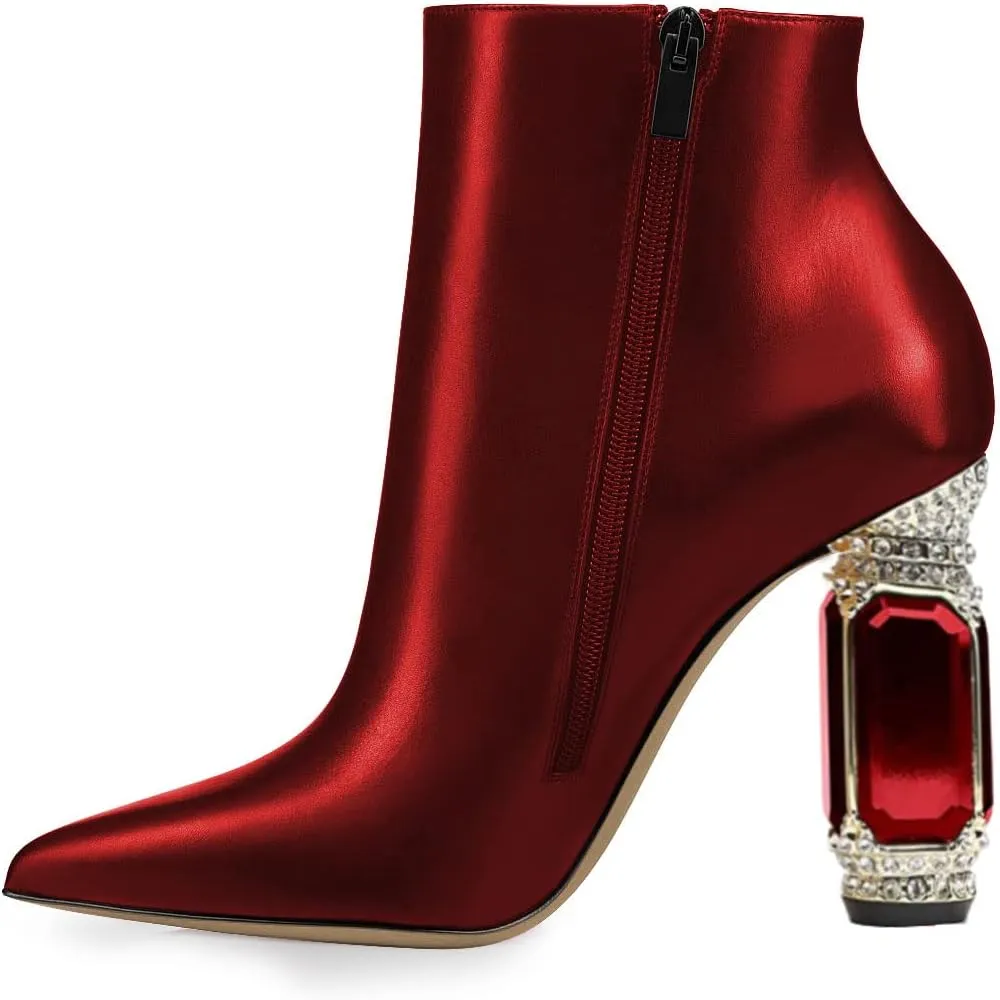 FSJ Women Chic Pointed Toe Crystal Chunky Block High Heel Ankle Boots Glossy Side Zipper Casual Daily Fashion Ladies Shoes Size 4-15 US