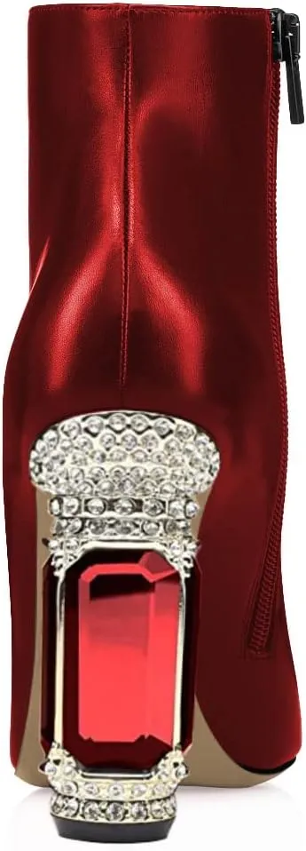 FSJ Women Chic Pointed Toe Crystal Chunky Block High Heel Ankle Boots Glossy Side Zipper Casual Daily Fashion Ladies Shoes Size 4-15 US