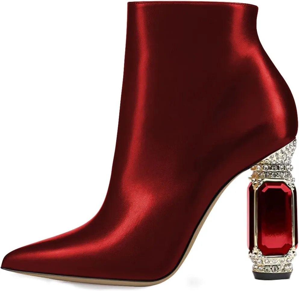 FSJ Women Chic Pointed Toe Crystal Chunky Block High Heel Ankle Boots Glossy Side Zipper Casual Daily Fashion Ladies Shoes Size 4-15 US