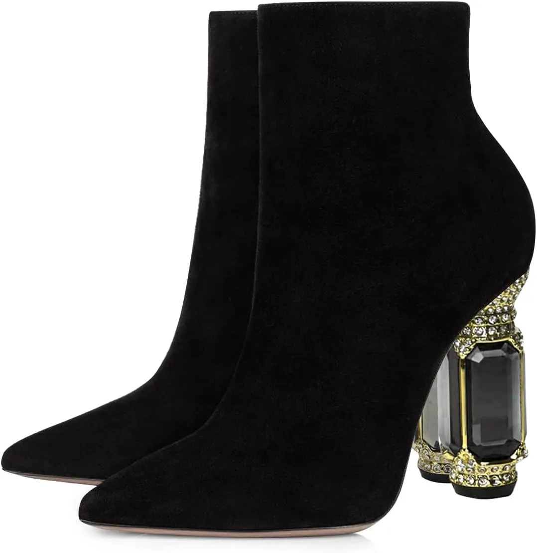 FSJ Women Chic Pointed Toe Crystal Chunky Block High Heel Ankle Boots Glossy Side Zipper Casual Daily Fashion Ladies Shoes Size 4-15 US