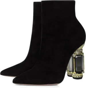 FSJ Women Chic Pointed Toe Crystal Chunky Block High Heel Ankle Boots Glossy Side Zipper Casual Daily Fashion Ladies Shoes Size 4-15 US