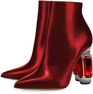 FSJ Women Chic Pointed Toe Crystal Chunky Block High Heel Ankle Boots Glossy Side Zipper Casual Daily Fashion Ladies Shoes Size 4-15 US