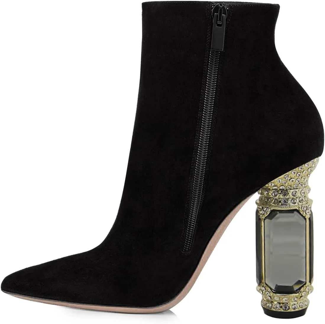 FSJ Women Chic Pointed Toe Crystal Chunky Block High Heel Ankle Boots Glossy Side Zipper Casual Daily Fashion Ladies Shoes Size 4-15 US