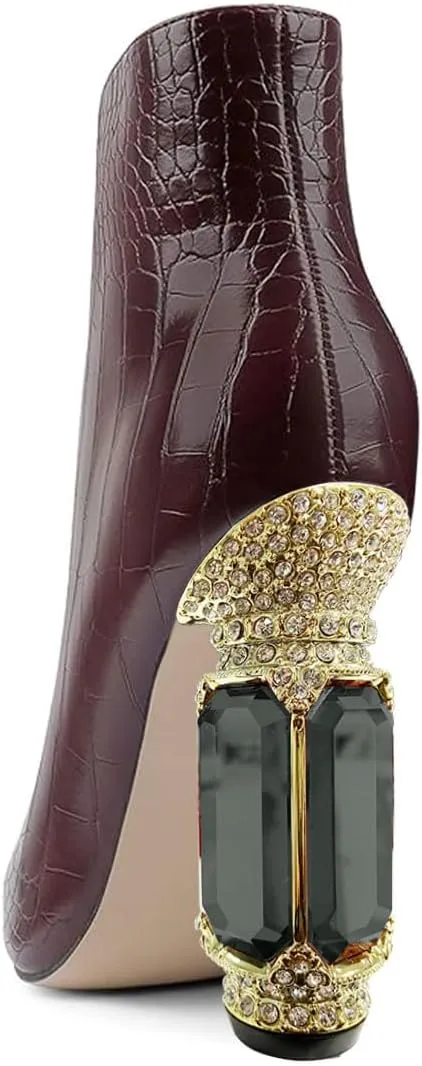 FSJ Women Chic Pointed Toe Crystal Chunky Block High Heel Ankle Boots Glossy Side Zipper Casual Daily Fashion Ladies Shoes Size 4-15 US