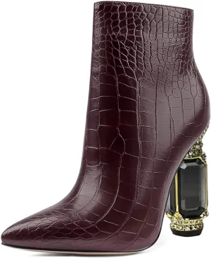 FSJ Women Chic Pointed Toe Crystal Chunky Block High Heel Ankle Boots Glossy Side Zipper Casual Daily Fashion Ladies Shoes Size 4-15 US