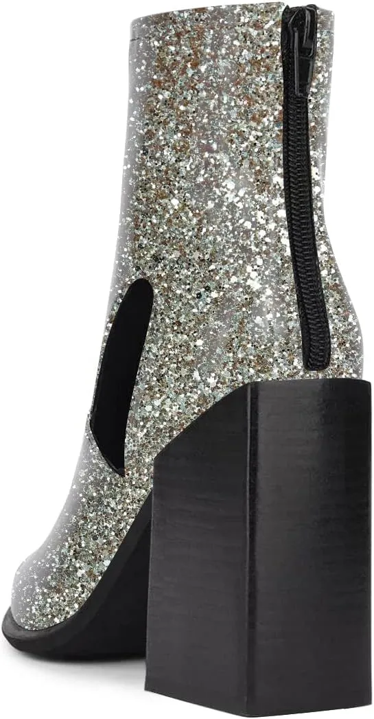 FSJ Women Chic Pointed Toe Front Zip Chunky Heel Ankle Booties Glossy Leather Cutout Handmade Comfortable Ladies Winter Autumn Short Boots Size 4-15 US