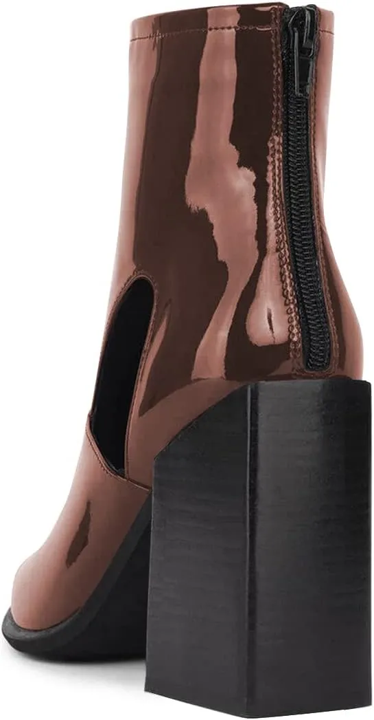 FSJ Women Chic Pointed Toe Front Zip Chunky Heel Ankle Booties Glossy Leather Cutout Handmade Comfortable Ladies Winter Autumn Short Boots Size 4-15 US