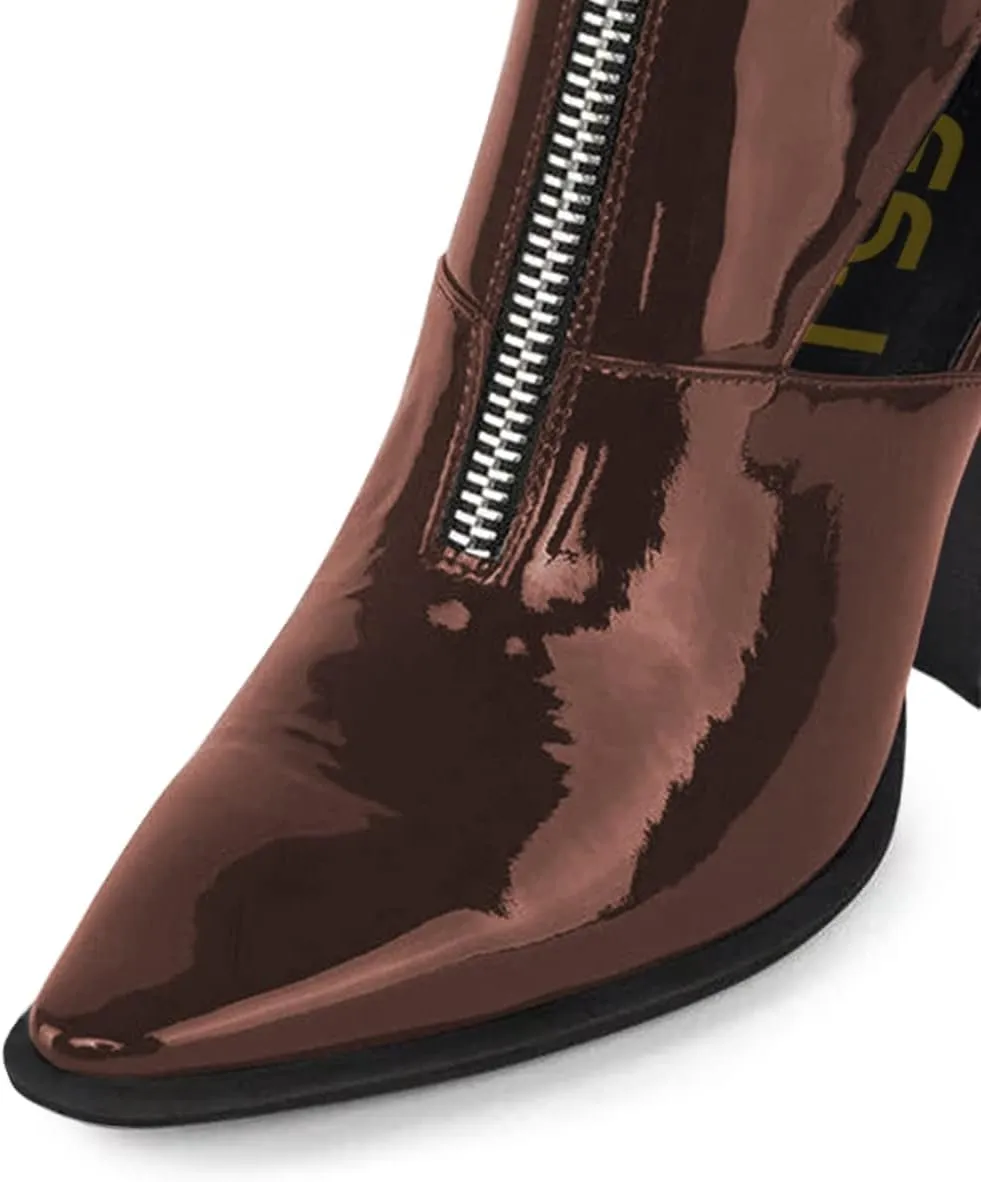 FSJ Women Chic Pointed Toe Front Zip Chunky Heel Ankle Booties Glossy Leather Cutout Handmade Comfortable Ladies Winter Autumn Short Boots Size 4-15 US