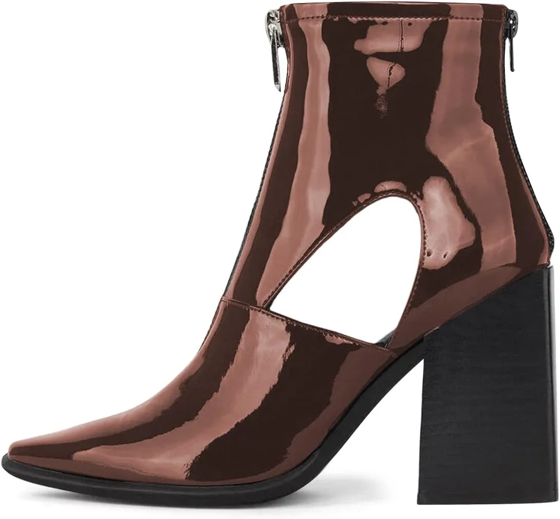 FSJ Women Chic Pointed Toe Front Zip Chunky Heel Ankle Booties Glossy Leather Cutout Handmade Comfortable Ladies Winter Autumn Short Boots Size 4-15 US