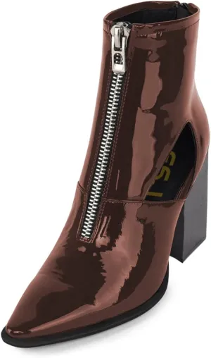 FSJ Women Chic Pointed Toe Front Zip Chunky Heel Ankle Booties Glossy Leather Cutout Handmade Comfortable Ladies Winter Autumn Short Boots Size 4-15 US