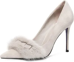 FSJ Women Chic Pointed Toe Stiletto High Heel Pumps Fur Fur Bow Slip On Elegant Custom Handmade Faux Suede Dress Party Shoes Size 4-15 US