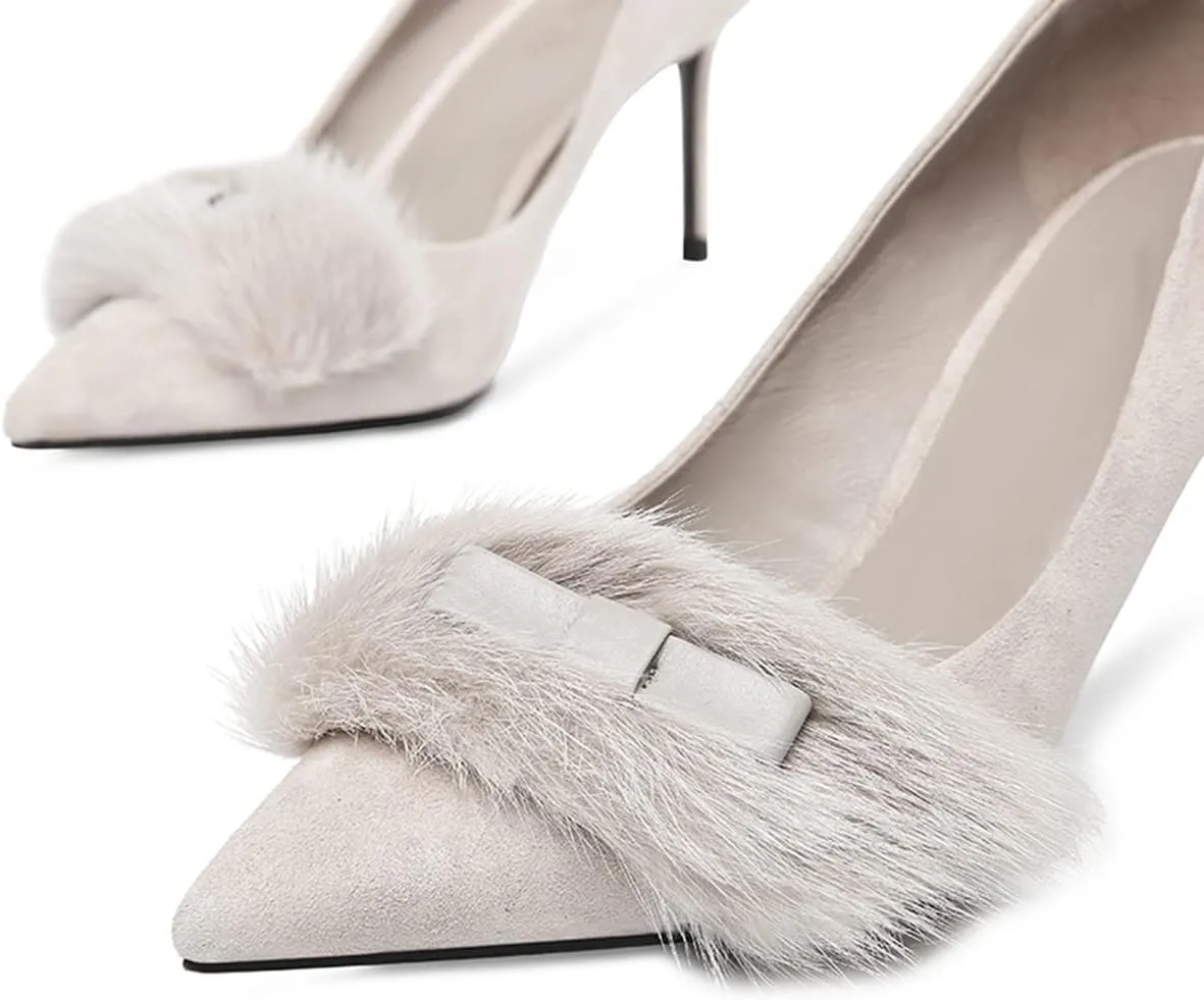 FSJ Women Chic Pointed Toe Stiletto High Heel Pumps Fur Fur Bow Slip On Elegant Custom Handmade Faux Suede Dress Party Shoes Size 4-15 US