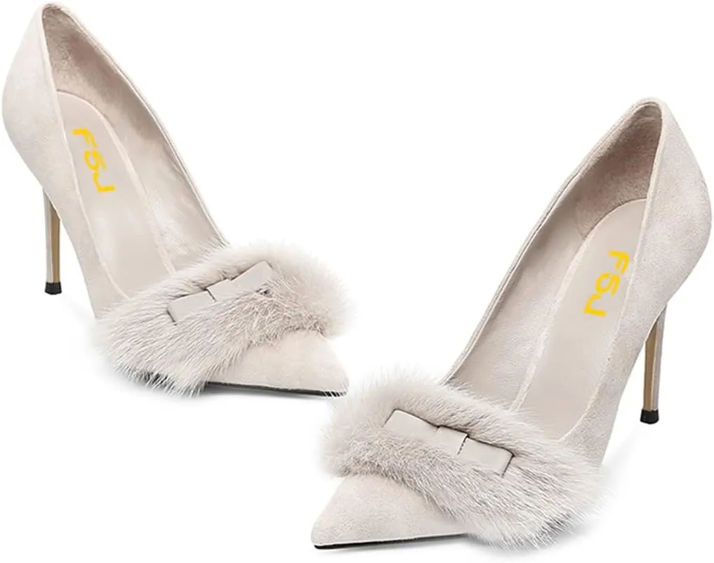 FSJ Women Chic Pointed Toe Stiletto High Heel Pumps Fur Fur Bow Slip On Elegant Custom Handmade Faux Suede Dress Party Shoes Size 4-15 US