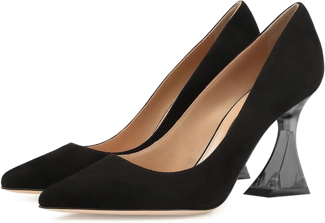 FSJ Women Classic Closed Pointed Toe Dress Pumps Chic Transparent Chunky Block High Heel Slip-On Office Ladies Casual Party Shoes Size 4-16 US