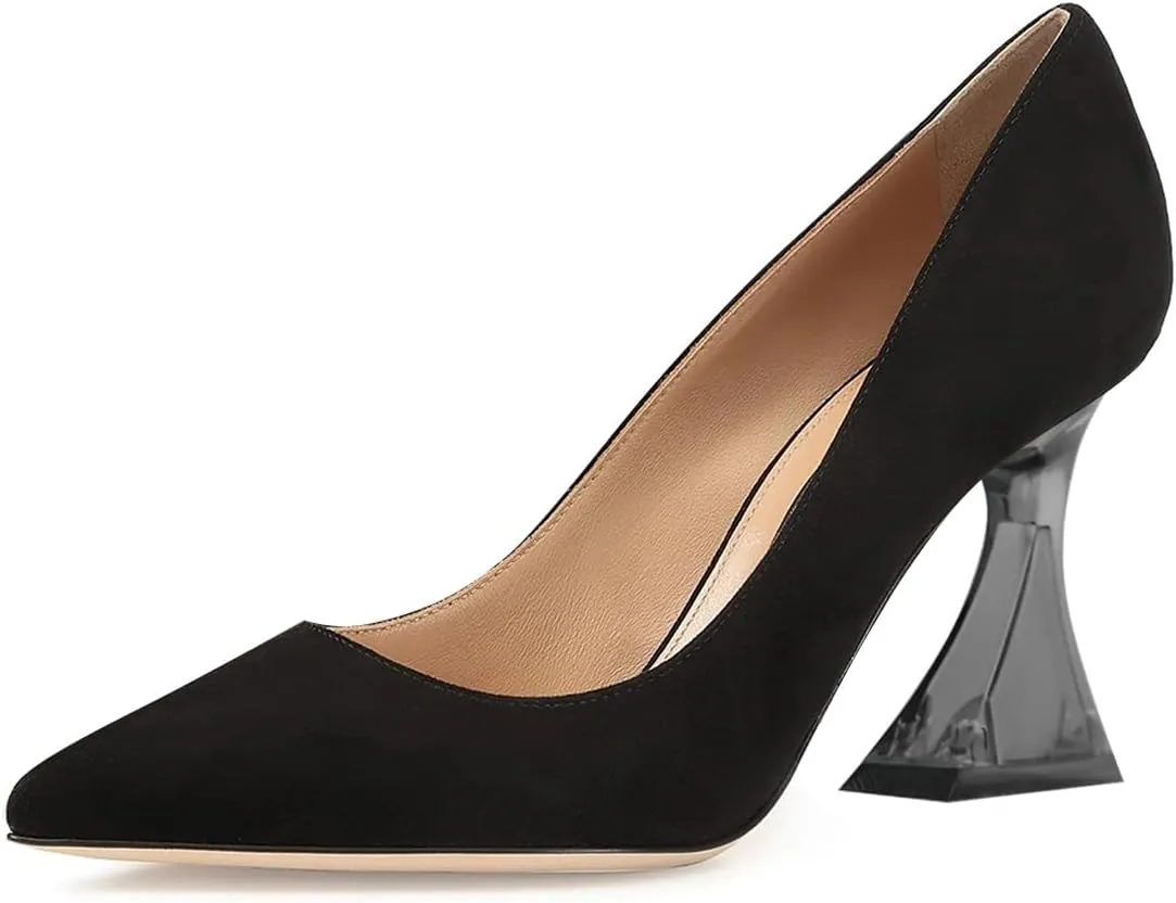 FSJ Women Classic Closed Pointed Toe Dress Pumps Chic Transparent Chunky Block High Heel Slip-On Office Ladies Casual Party Shoes Size 4-16 US