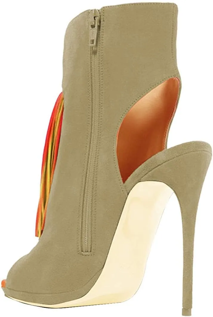 FSJ Women Peep Toe Slingback High Heels Sandals Fringed Ankle Booties Chic Stilettos Tassels Summer Outfits Shoes Size 4-15 US