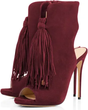 FSJ Women Peep Toe Slingback High Heels Sandals Fringed Ankle Booties Chic Stilettos Tassels Summer Outfits Shoes Size 4-15 US