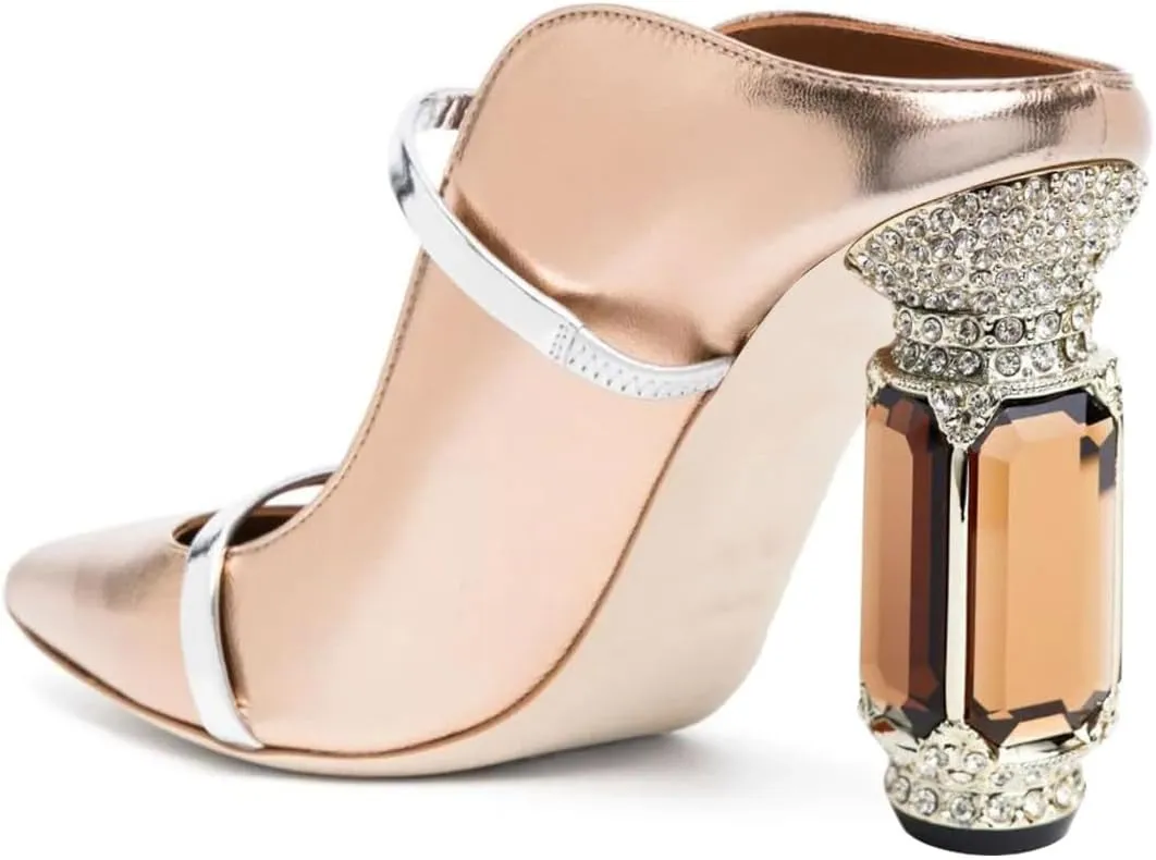 FSJ Women Pointed Toe Mules Chunky High Heels Sandals Pumps Slip On Two Strap Chic Crystal Block Heels Backless Casual Dressy Shoes Size 4-16 US