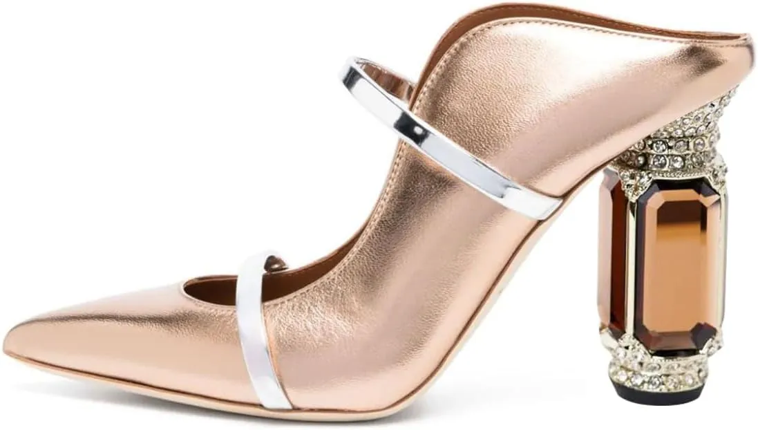 FSJ Women Pointed Toe Mules Chunky High Heels Sandals Pumps Slip On Two Strap Chic Crystal Block Heels Backless Casual Dressy Shoes Size 4-16 US