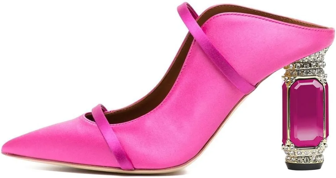 FSJ Women Pointed Toe Mules Chunky High Heels Sandals Pumps Slip On Two Strap Chic Crystal Block Heels Backless Casual Dressy Shoes Size 4-16 US