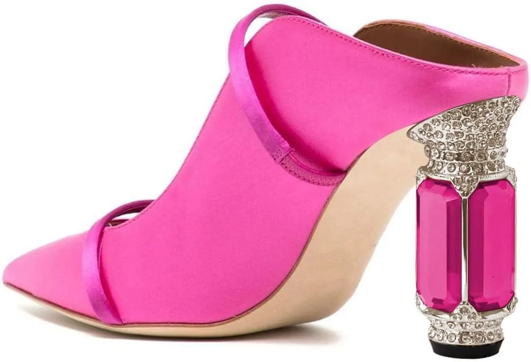 FSJ Women Pointed Toe Mules Chunky High Heels Sandals Pumps Slip On Two Strap Chic Crystal Block Heels Backless Casual Dressy Shoes Size 4-16 US