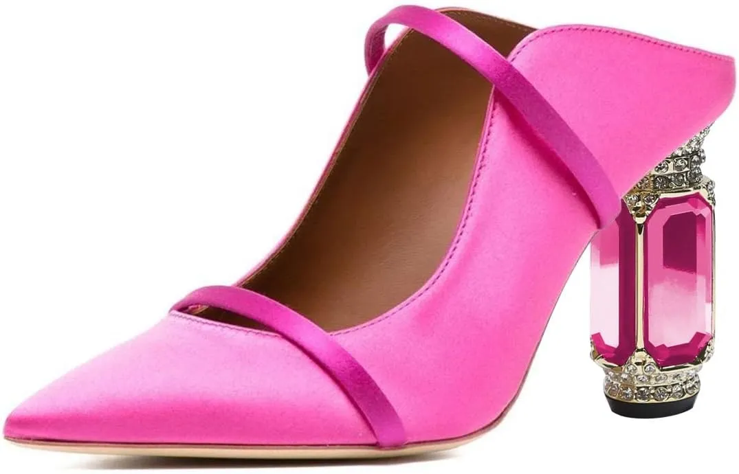 FSJ Women Pointed Toe Mules Chunky High Heels Sandals Pumps Slip On Two Strap Chic Crystal Block Heels Backless Casual Dressy Shoes Size 4-16 US