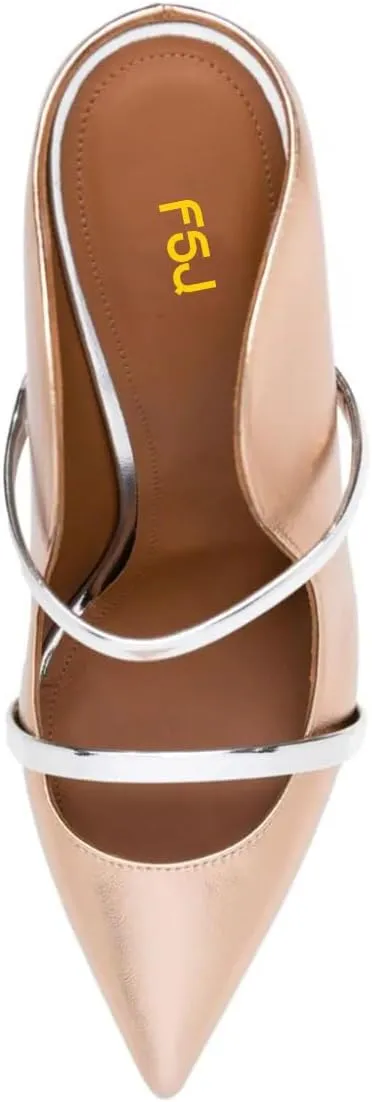 FSJ Women Pointed Toe Mules Chunky High Heels Sandals Pumps Slip On Two Strap Chic Crystal Block Heels Backless Casual Dressy Shoes Size 4-16 US