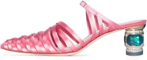 FSJ Women Strappy Crystal Mid Heel Sandals Pointed Toe Slip On Mule Pumps Cutout Chic Shoes