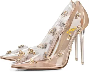 FSJ Women Studded Pointed Toe Transparent Pumps High Heels Shoes with Cute Bowknot US Size 4-15 M