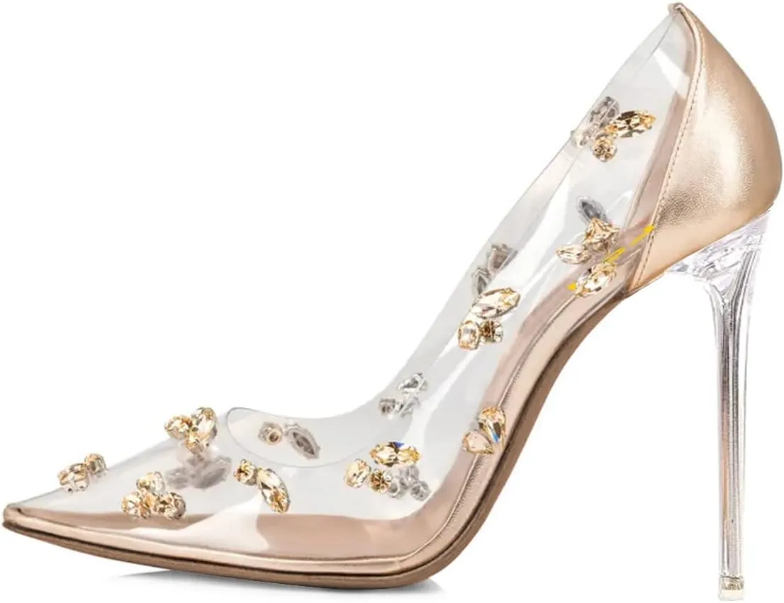 FSJ Women Studded Pointed Toe Transparent Pumps High Heels Shoes with Cute Bowknot US Size 4-15 M