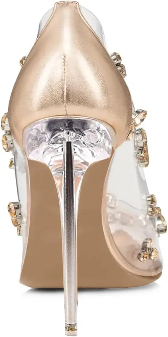 FSJ Women Studded Pointed Toe Transparent Pumps High Heels Shoes with Cute Bowknot US Size 4-15 M