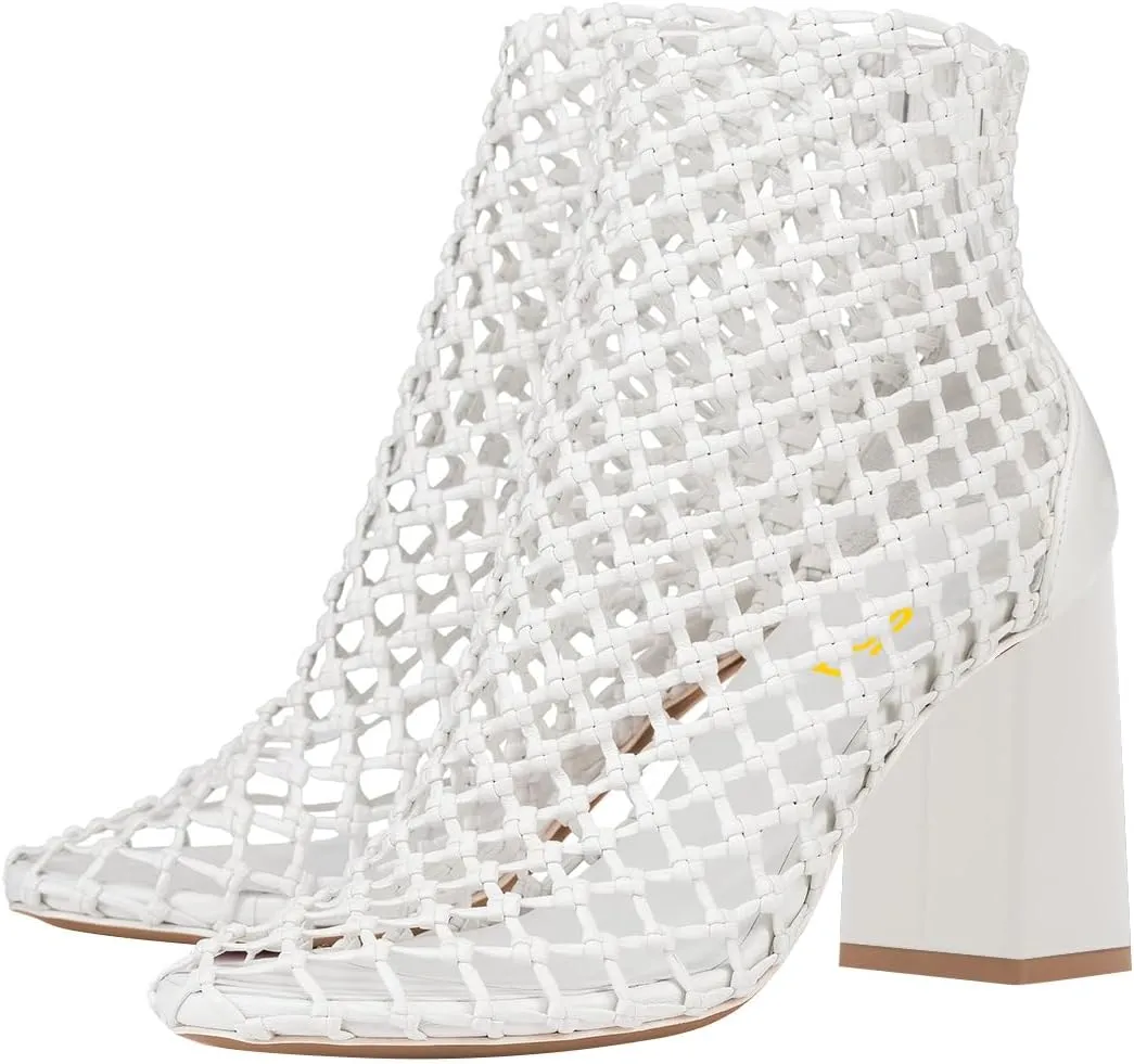 FSJ Women Woven Ankle Boots Chunky Block Heels Back Zip Comfortable Heeled Sandals Chic Booties Casual Party Wear Shoes Size 4-16 US
