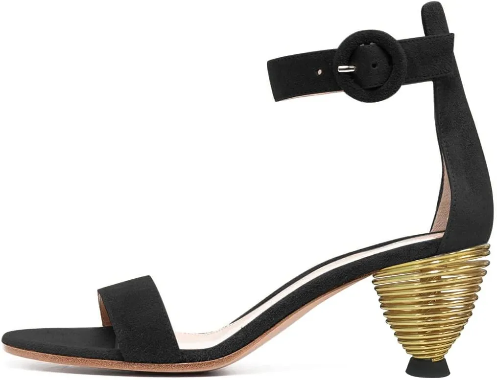 FYS Women Almond Toe Ankle Strap Heeled Sandals Chic Gold Mental Spring High Heel Dress Summer Party Prom Shoes Size 4-15 US