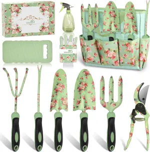 Gardening Tools, WisaKey 10 Piece Heavy Duty Green Garden Tools Set with Non-Slip Ergonomic Handle, Durable Fashion Garden Tool Organizer HandBag, Ideal Gardening Hand Tools, Gardening Gifts for Women
