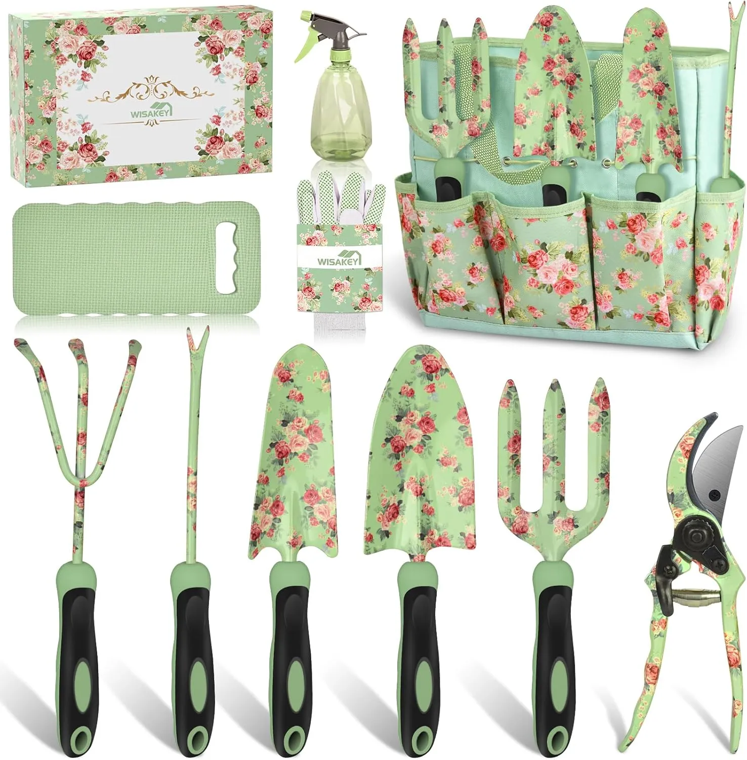 Gardening Tools, WisaKey 10 Piece Heavy Duty Green Garden Tools Set with Non-Slip Ergonomic Handle, Durable Fashion Garden Tool Organizer HandBag, Ideal Gardening Hand Tools, Gardening Gifts for Women