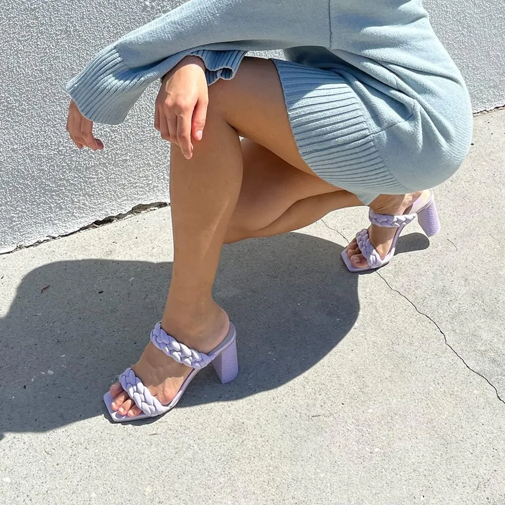 GENSHUO High Chunky Heels for Women Fashion Comfort Slip on Square Open Toe Block Heel Sandals Two Strap Backless Mules
