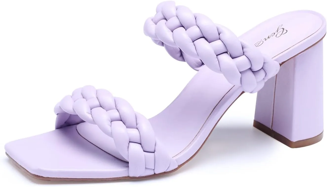 GENSHUO High Chunky Heels for Women Fashion Comfort Slip on Square Open Toe Block Heel Sandals Two Strap Backless Mules