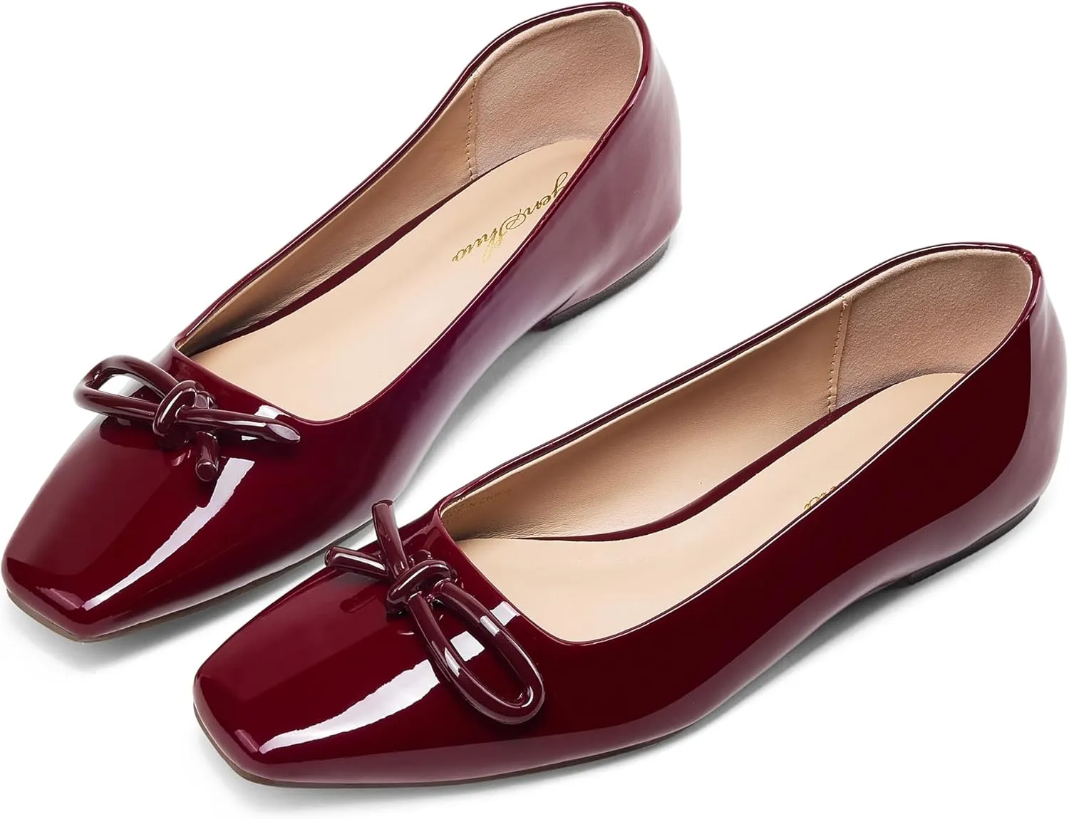 GENSHUO Women’s Square Toe Flats Metal Bow Slip On Ballet Flats Comfort Low Heel Shoes Classic and Chic
