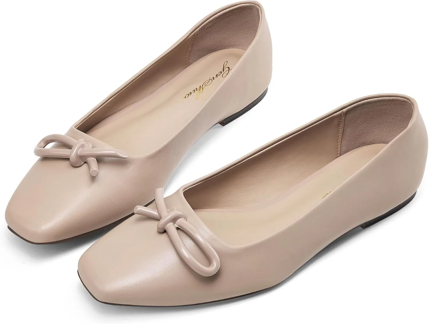 GENSHUO Women’s Square Toe Flats Metal Bow Slip On Ballet Flats Comfort Low Heel Shoes Classic and Chic