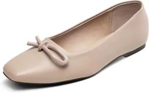 GENSHUO Women’s Square Toe Flats Metal Bow Slip On Ballet Flats Comfort Low Heel Shoes Classic and Chic