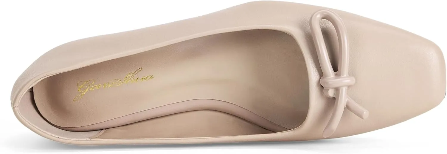 GENSHUO Women’s Square Toe Flats Metal Bow Slip On Ballet Flats Comfort Low Heel Shoes Classic and Chic