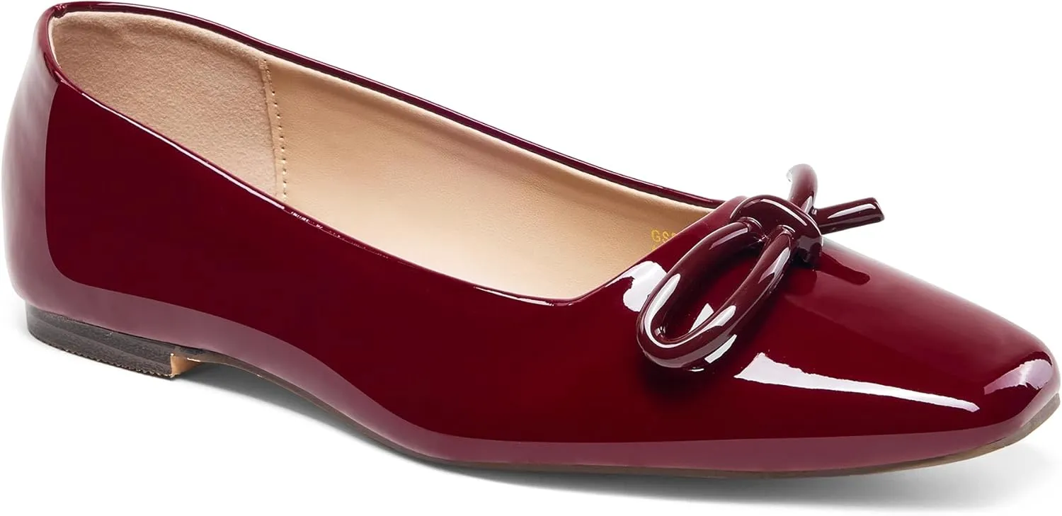 GENSHUO Women’s Square Toe Flats Metal Bow Slip On Ballet Flats Comfort Low Heel Shoes Classic and Chic