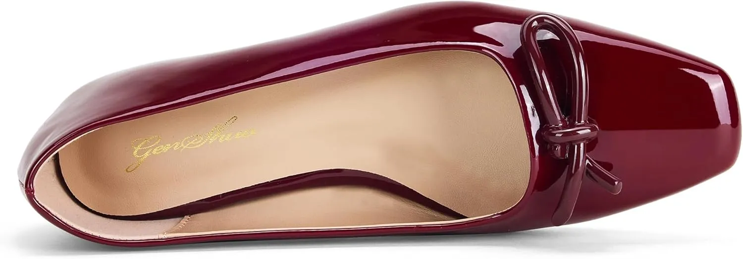 GENSHUO Women’s Square Toe Flats Metal Bow Slip On Ballet Flats Comfort Low Heel Shoes Classic and Chic
