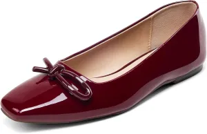GENSHUO Women’s Square Toe Flats Metal Bow Slip On Ballet Flats Comfort Low Heel Shoes Classic and Chic