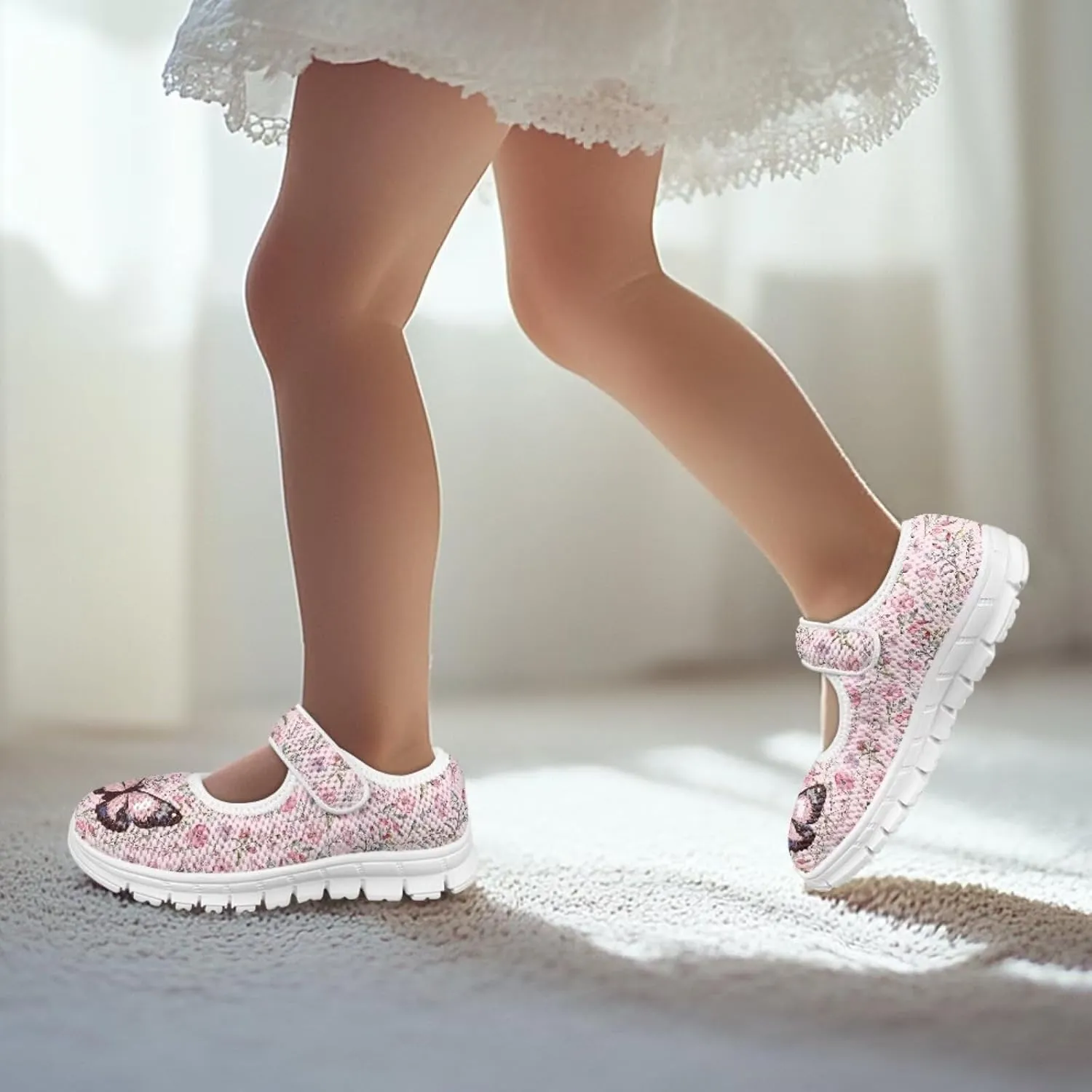 Girls Mary Jane Shoes School Uniform Shoes Round Toe Ballet Flats Breathable Mesh Slip-on Walking Sneakers