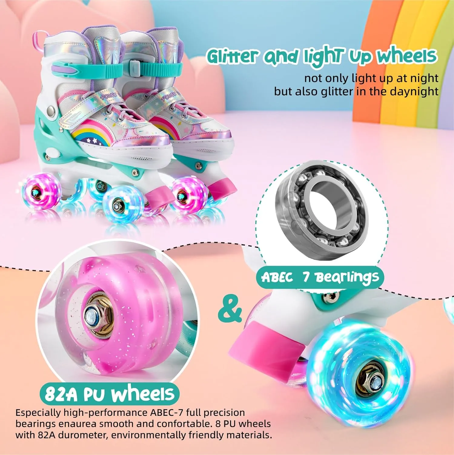 Girls Roller Skates for Kids Beginners 4 Size Adjustable Roller Skates, Light UP 8 Wheels for Girls Roller Skate Fun Illuminating Roller Skate for Kids Boys patines para niñas