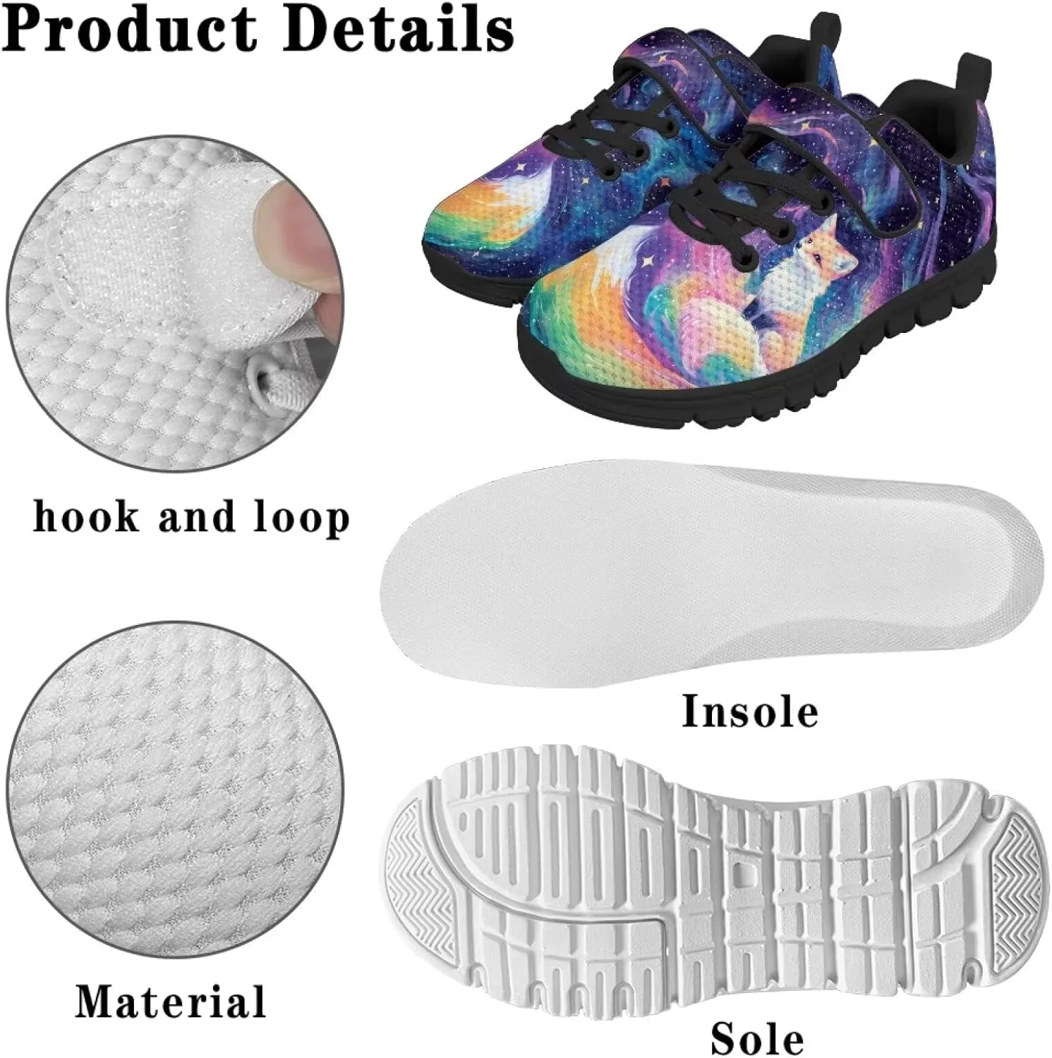 Girls Running Shoes with Hook and Loop Cute Print Kids Tennis Shoes for Outdoor Activities